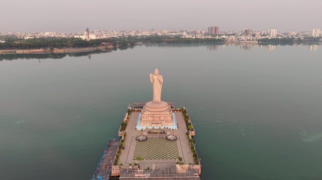 Aerial shot of Buddha Statue at Hussain Sagar Lake in Hyderabad, India