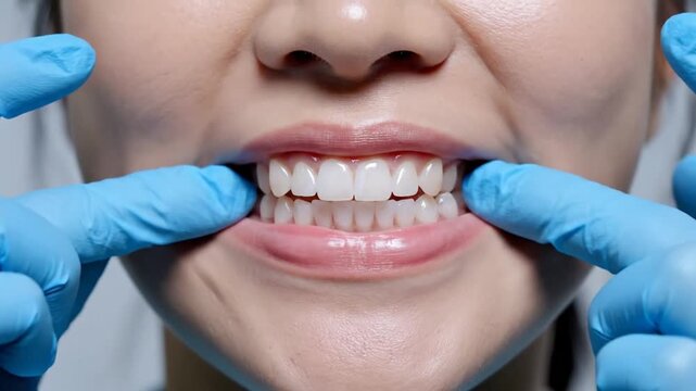 Close-up of a persons teeth with clear aligners being adjusted by gloved hands.