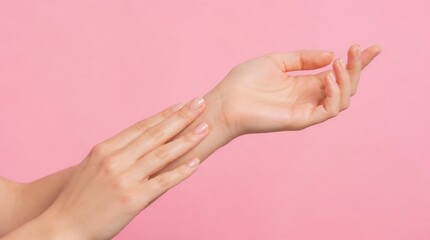 Naklejka premium Beautiful female hands touching wrist on pink background