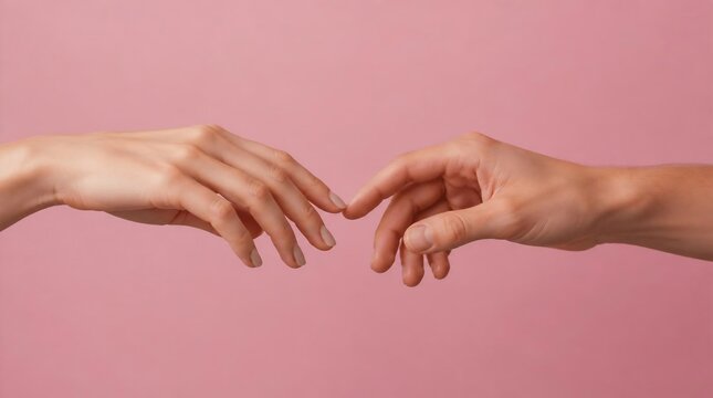 Two hands reaching and touching fingertips on pink background