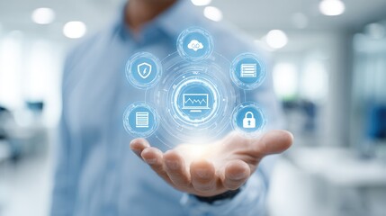 Fototapeta premium Person holding digital interface with icons for data, security, and cloud services