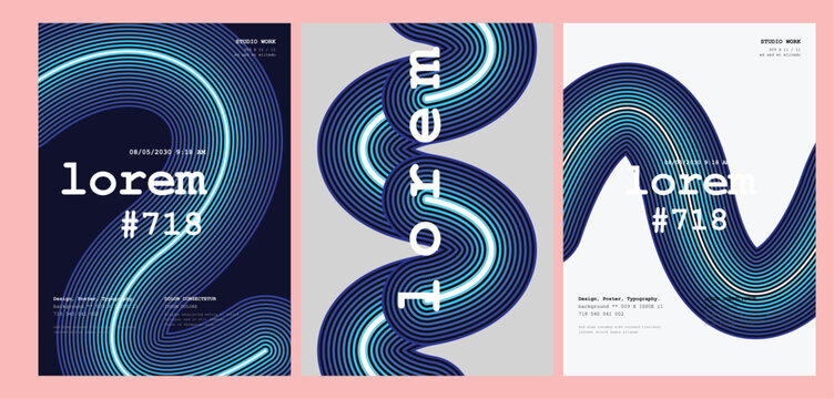 Trio of abstract posters with wavy blue lines and dark backgrounds featuring lorem ipsum text and studio work labels for design.