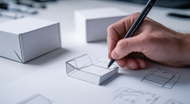 Hand sketching box designs, white boxes present