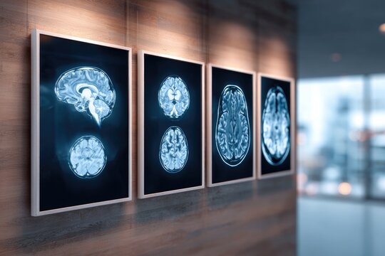 Medical Brain MRI Scans Displayed on Wall in Modern Hallway.