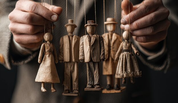 Puppet Master Controlling Wooden Figures With Strings.
