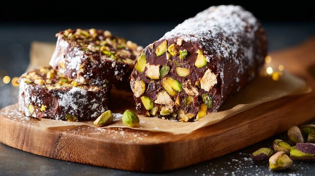 Chocolate salami log sliced with pistachios on board