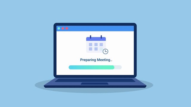 Animated illustration of a laptop displaying meeting preparation process, ideal for virtual conference, webinar, and business communication concepts.