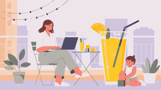 Remote worker, woman on laptop, outdoor workspace, city background, illustration