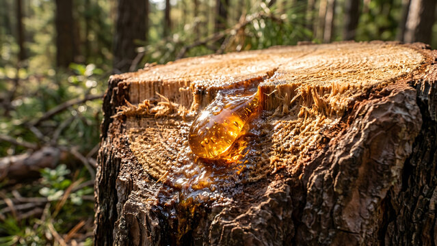 Natural Golden Resin Oozing from a Cut Pine Tree Stump in the Forest