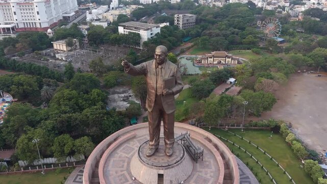 Aerial shot of Dr. Bhim Rao Ambedkar Statue near Secretariat building in Hyderabad, India