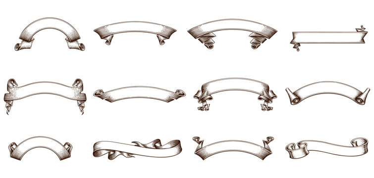 Vintage ribbon banner set with hand drawn scroll elements for decorative design	