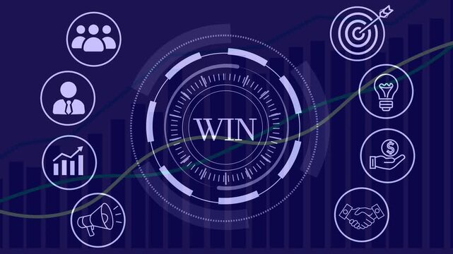 Winning concept animation with a circular loading bar surrounded by business icons on a blue background
