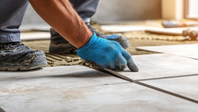 Construction worker carefully laying ceramic tiles on a floor.