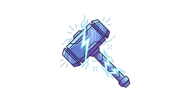 Legendary war hammer crackling with blue electric lightning bolts. Mighty fantasy weapon charged with thunder energy, isolated on white.