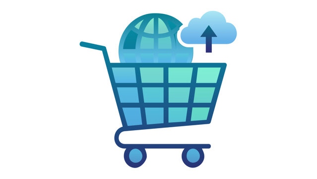 A modern ecommerce store vector icon featuring a clean storefront design with a digital shopping cart and laptop for online retail marketing and business analytics illustration in flat style.