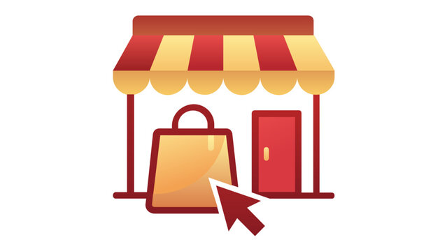 Minimalist ecommerce store vector icon featuring a laptop screen with a shopping cart and digital storefront for business marketing strategies and online retail analytics illustration.