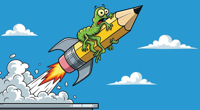 Frog Riding Pencil Rocket Ship.