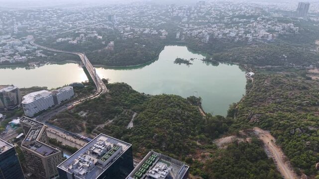 Aerial shot of Durgam Cheruvu Bridge in Hyderabad, India