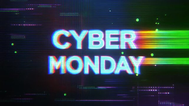 Cyber Monday glitch text animation, futuristic neon digital sale banner, retro vaporwave aesthetic promotion for online shopping events