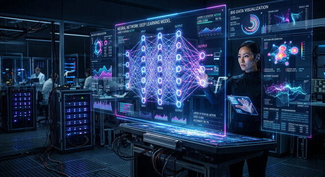 Woman technologist manipulating complex big data visualizations and neural network models on glowing futuristic holographic displays in a high-tech laboratory.