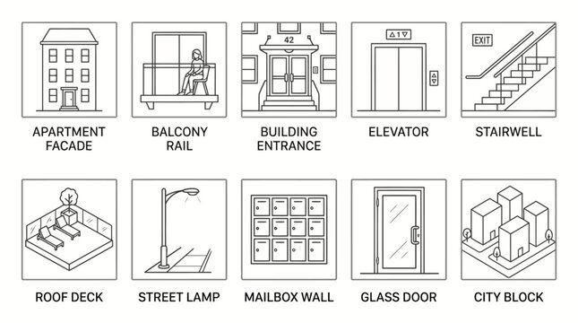 Property features and residential architecture thin line icons set for city living and real estate development showing building facade and elevator and mailbox wall and street lamp design elements.