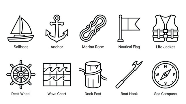 Professional nautical equipment line icons with labels for marine industry including sailboat anchor rope flag life jacket deck wheel wave chart dock post boat hook and sea compass navigation set.