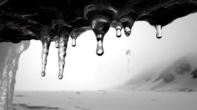 Black and white close up of melting ice and icicles with water droplets falling, winter landscape in background.