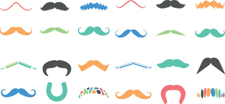 Collection of various colorful mustaches and beards icons on white background
