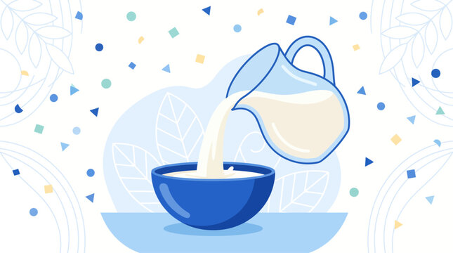Glass pitcher pouring milk into a blue bowl, surrounded by geometric confetti and leaves, vector illustration.