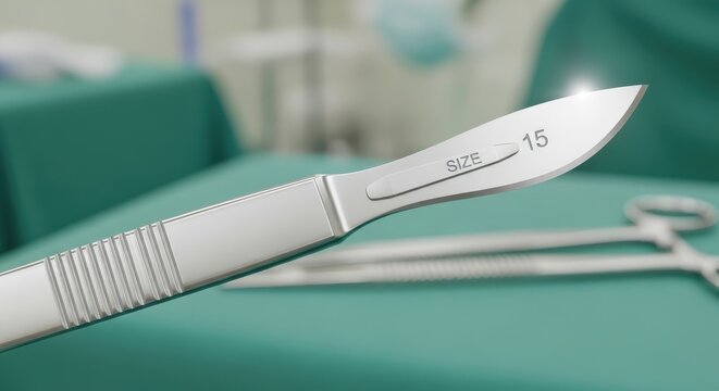 Close-up of a sterile surgical scalpel with a size 15 blade in an operating room setting, ready for medical procedure.