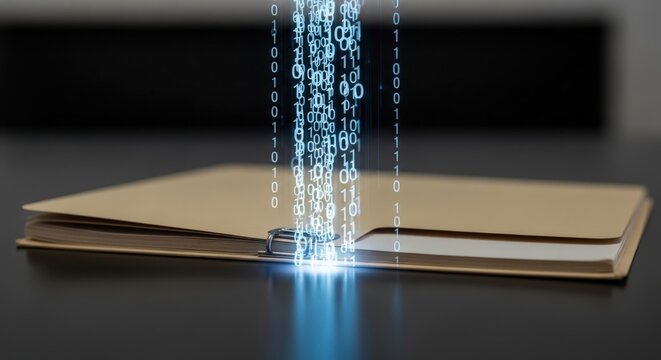 Binary code stream emerging from a manila folder, symbolizing digital transformation and data processing.