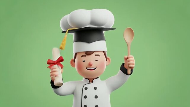 Graduating Chef Cartoon Character - This video features a 3D cartoon chef wearing a graduation cap. He's holding a diploma with a red ribbon in one hand and a wooden spoon in the other against a
