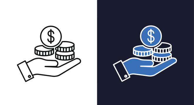 Hand holding stack of dollar coins icon vector - Glyph solid icon - Editable modern style icon - Clipart, sticker - icon set - Clipart