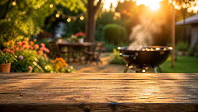 Wooden Table With Backyard Barbecue at Sunset