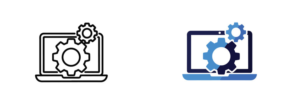 Laptop with gears icon set vector illustration - Blue icon set - Modern style icon  - Glyph and solid icon set - Icon vector