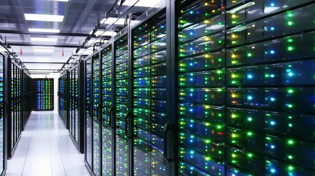 Rows of server racks with colorful lights in a data center hallway with white floor