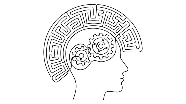 A line drawing of a human head with a maze and gears inside the brain.