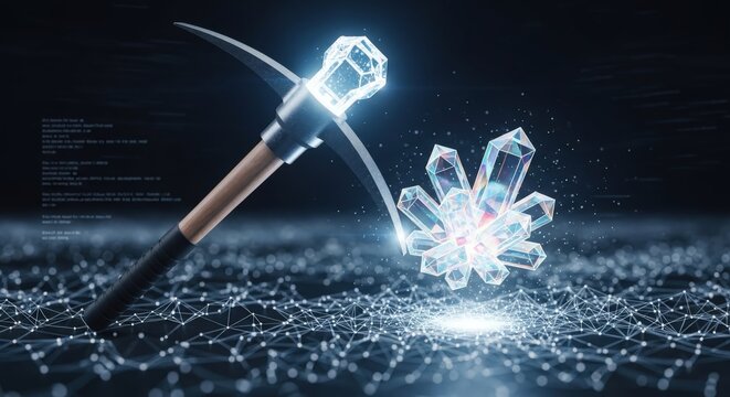 A futuristic pickaxe with a glowing crystal head striking a luminous crystal cluster on a dark, networked digital surface, symbolizing cryptocurrency mining or data extraction.