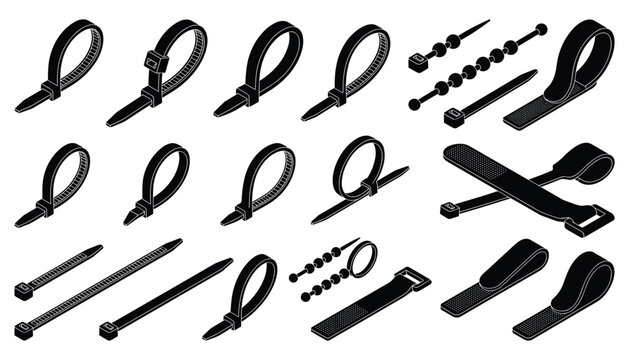 Set of black plastic cable ties and fasteners with transparent background vector illustration.