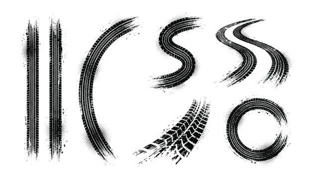 Tire tracks grunge tire marks set vector transparent background black ink brush strokes for automotive race design.