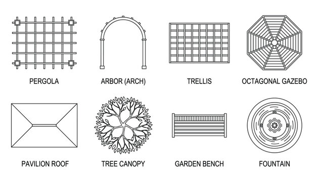 Garden architectural elements top view vector set transparent background pergola arbor.