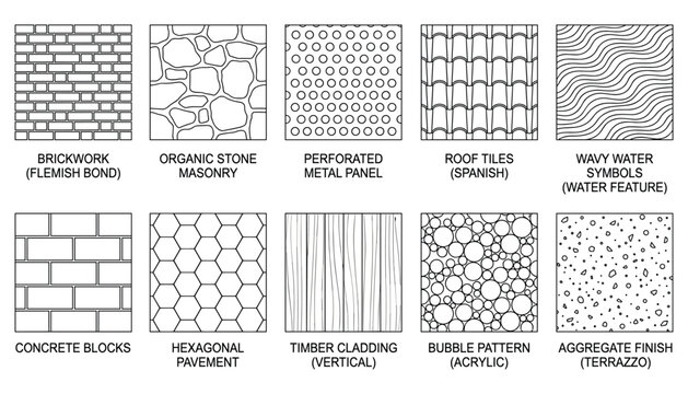 Architectural texture vector patterns set featuring diverse building materials masonry cladding tile paving and decorative surface designs.