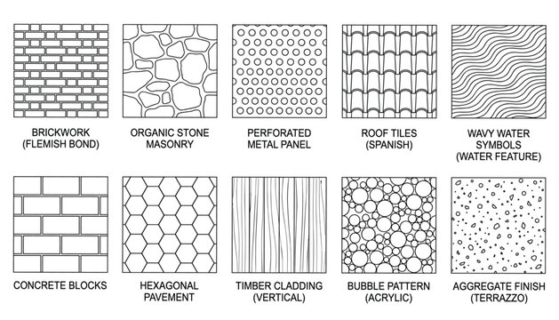 Architectural surface texture vector pack showing various construction finishes masonry paving cladding and decorative material patterns.