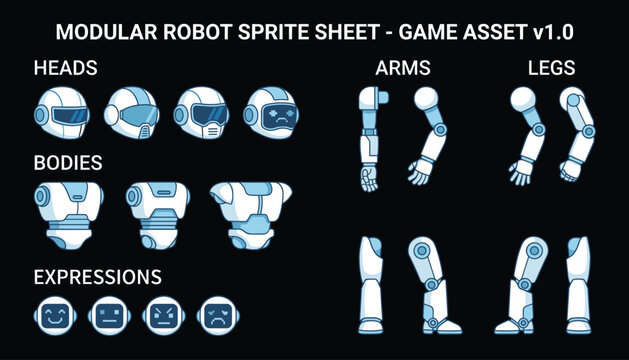 Modular robot sprite sheet for game asset creation, including heads, bodies, arms, legs, and expressions, vector, black background.