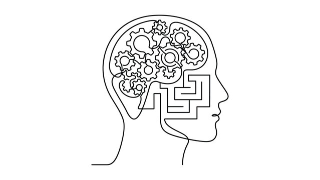 Continuous line drawing of a human head with a maze and gears inside the brain.