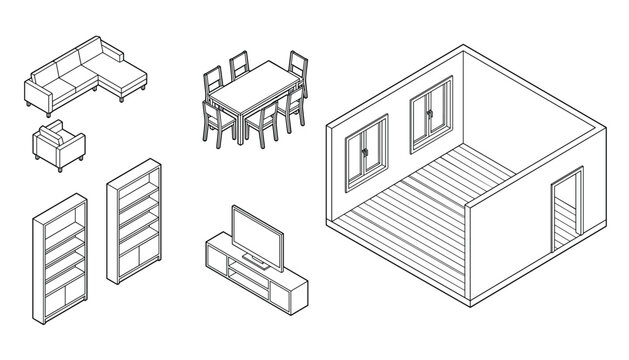 Isometric vector outline of empty room interior with furniture, including sofa, table, chairs, shelves and TV stand on transparent background.