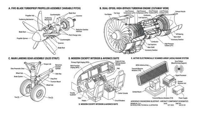 Aircraft engine blueprints transparent vector illustration schematic complex diagram with labels on checkered background.