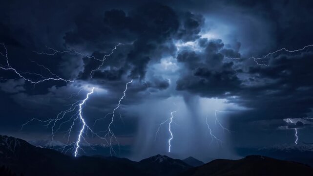 A storm occurs at night with bright lightning striking the dark clouds above the mountains. Heavy rain follows the thunder and creates a dramatic display in the sky.