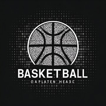 Basketball Digital Graphic Icon White Textured Ball And Binary Code Pattern On Dark Gray Background With Bold Typography