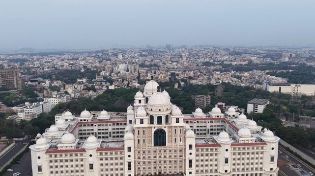 Aerial shot of Secretariat of Telangana in Hyderabad, India